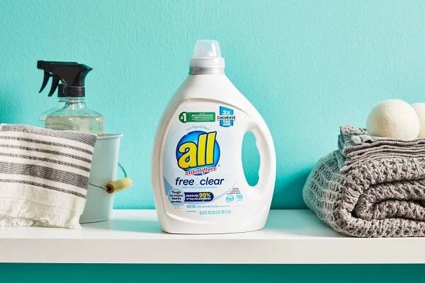 All Free Clear Liquid 2x Concentrated Laundry Detergent displayed on white shelf