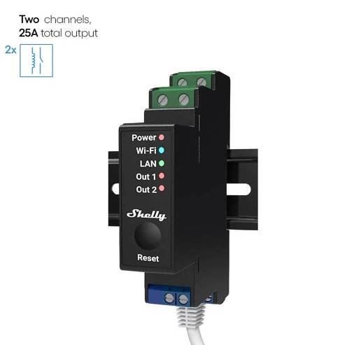 Shelly Pro 2PM, spínací modul 2x 16A na DIN lištu, měření spotřeby, LAN, Wi-Fi, a Bluetooth