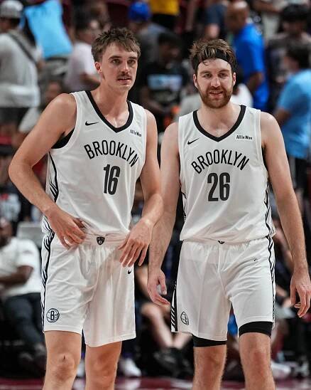 Grant Nelson (#16) and Drew Timme (#26) of the Brooklyn Nets during an NBA Summer League game.