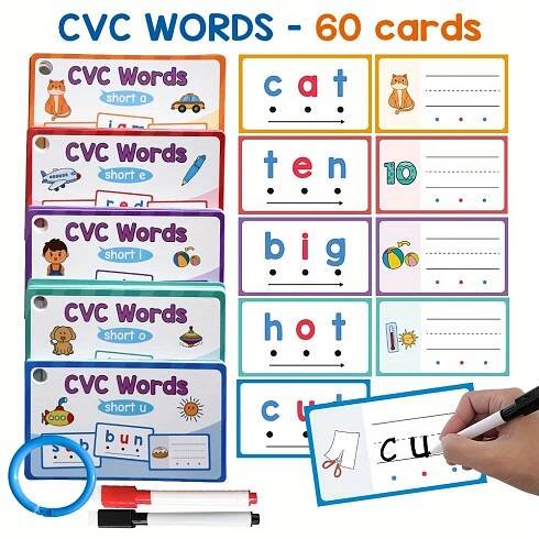 60pcs Phonics CVC Words Dry Erase Handwriting Flash Cards Phonics Game Flashcard Beginning Phonics Word * Spelling Reading Learning Aids Sight