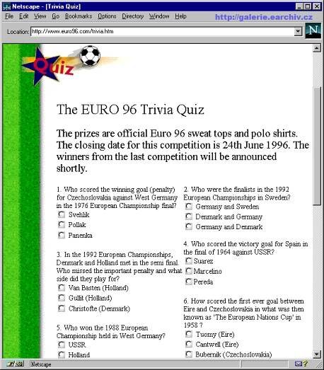Muzeum Internetu .cz: web soutěže Euro96, červen 1996