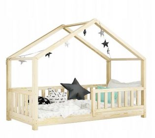 Dětská postel domeček borovice DOMI + zábrany 90x180