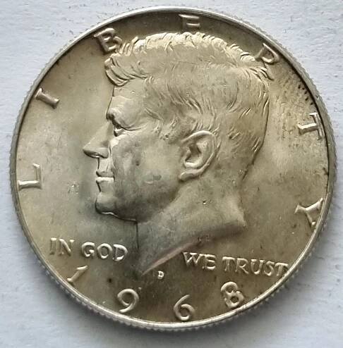 Stříbrny 1/2 dolar 1968 D, Kennedy Half Dollar.
