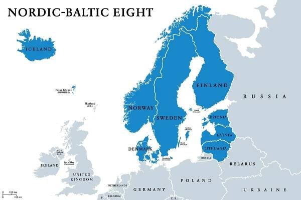 Politická mapa seversko-baltských osmi (NB8) členských států. Formát regionální spolupráce Dánska, Estonska, Finska, Islandu, Lotyšska, Litvy, Norska a Švédska. Anglické označování. Ilustrace. Vektor. — Ilustrace
