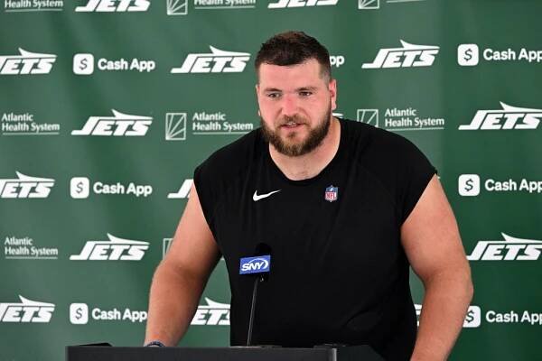 Jets center Josh Myers speaks to the media after practice at training camp in Florham Park, NJ.