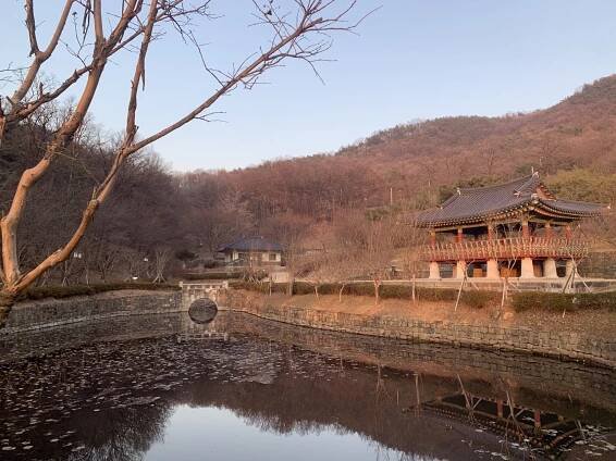 A reflective pond with a pavilion beside it