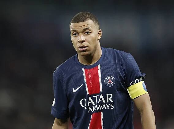 Kylian Mbappé in a Paris Saint-Germain jersey.