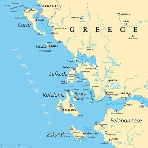 Region řeckých Jónských ostrovů, politická mapa. Řecká skupina ostrovů v Jónském moři. Korfu (Kerkyra), Paxos a Antipaxos, Lefkada, Kefalonia (Kefalonia), Ithaca (Ithaki) a Zakynthos (Zante). — Ilustrace