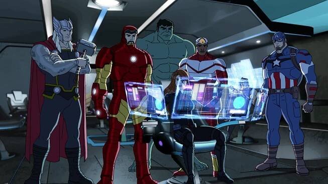 Marvel's Avengers Assemble, from left: Travis Willingham, Adrian Pasdar, Fred Tatasciore, Bumper Robinson, Roger Craig Smith, 'Under Siege', Season 3: Ultron Revolution, Ep. #5, ©DISNEYXD