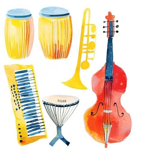 Roztomilé akvarelové hudební nástroje včetně violoncella, bubnu a dalších, retro stylu — Stock obrázek