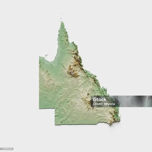 Queensland, Austrálie Topografická reliéfní mapa - 3D render - Bez autorských poplatků Queensland Stock fotka