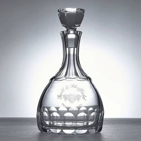 Silver mounted cut and engraved glass sherry decanter