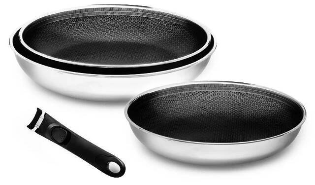 ONYX COOKWARETM HYBRIDNÍ NEPŘILNAVÉ SADA 3 KUSY PÁNVIČEK S ODJÍMATNÝMI RUKOJETMI