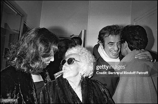 Jean-Paul Belmondo, Michel Creton, Laura Antonelli and Jean-Paul Belmondo's mother at Kean dress rehearsal, Theatre de Marigny, Paris, 1987 .