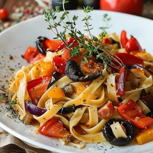 
A vibrant plate of vegan homemade spelt pasta tossed with roasted red and yellow bell peppers, black olives, and garnished with fresh thyme, presenting a colorful and appetizing meal.