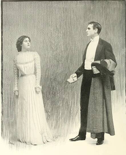 [Name] as Alice Falkner and William Gillette as Sherlock Holmes [describe scene], photographed by Sarony.
