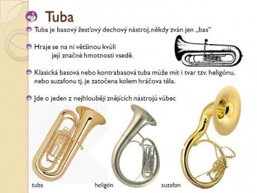Hraje se na ni většinou kvůli. její značné hmotnosti vsedě. Klasická basová nebo kontrabasová tuba může mít i tvar tzv. heligónu, nebo suzafonu tj. je zatočena kolem hráčova těla. Jde o jeden z nejhlouběji znějících nástrojů vůbec tuba. heligón. suzafon.