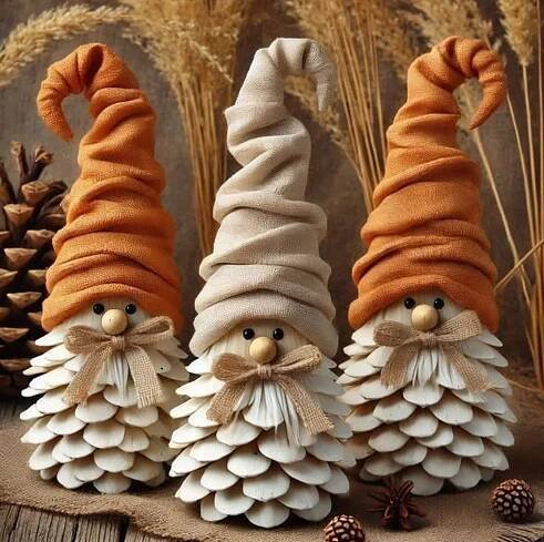 Pine Cone Turkeys How To Make, Pine Cone Gonk, Gnome Pine Cones, Pine Cone Gnomes, Pinecone Gnome Ornaments Diy, Pinecone Gnomes, Gnome Pinecone Ornament, Christmas Gnome Sculptures & Statues, Pinecone Crafts Christmas