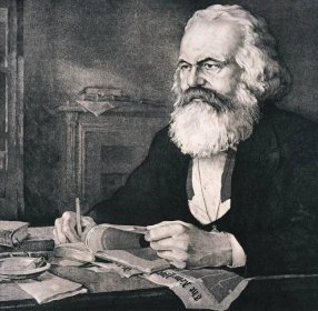 „Karl Marx in seinem Arbeitszimmer in London“ zeigt diese Aquatinta-Radierung von Werner Ruhner