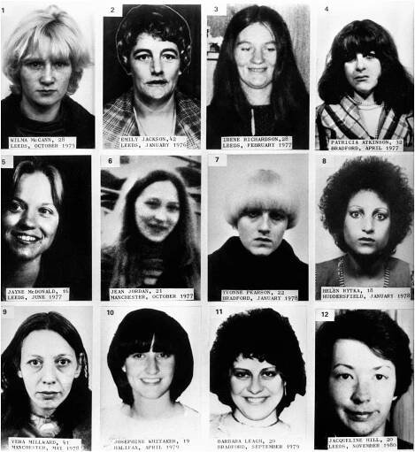  Sutcliffe's murder victims - Top Row L-R Wilma McCann, Emily Jackson, Irene Richardson, Patricia Atkinson. Middle Row L-R: Jayne McDonald, Jean Jordan, Yvonne Pearson, Helen Rytka. Bottom Row L-R: Vera Millward, Josephine Whitaker, Barbara Leach, Jacqueline Hill