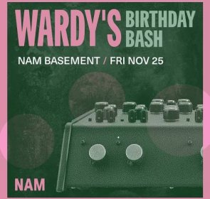 A promotional flyer for Abigail's birthday party at NAM Manchester. It shows a rotary DJ mixer with a green-hued overlay, which has the quality of old photocopied paper. The writing and border are pink.