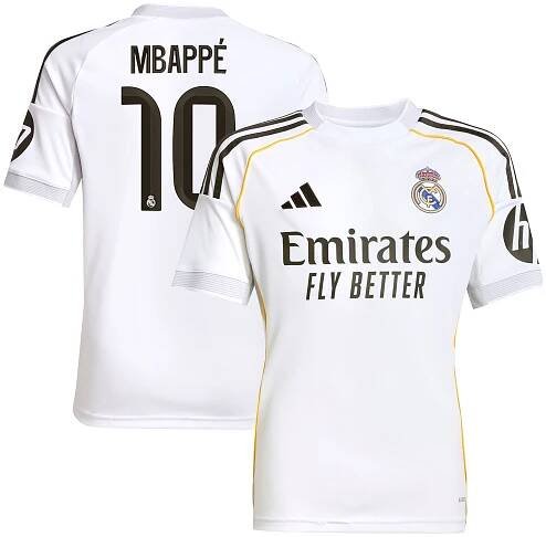 Real Madrid adidas Home Shirt 2025-26 - Kids with Mbappé 10 printing