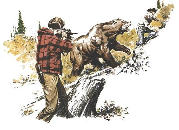 A hunter takes aim as a grizzly bear charges a man.