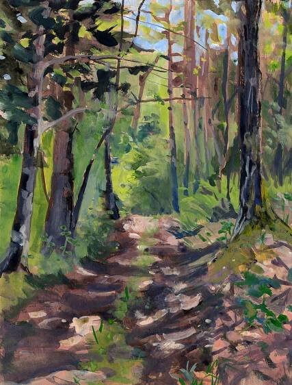 Jennifer Gibson • A Walk in the Woods  • Gouache on toned paper • 9″× 12″ • $225.00