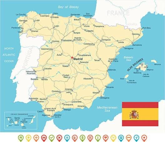 španělsko - mapa, vlajka, navigační ikony, silnice, řeky - ilustrace - malaga stock ilustrace