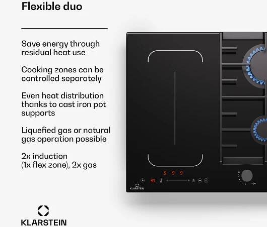 Klarstein dvojitá indukční a plynová varná deska, 7 kW plný výkon, s posuvnou částí a