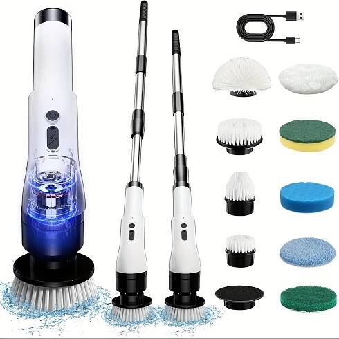 * Electric Rotary Scrubber with 3 Adjustable *, Cordless Electric Rotary Cleaning Brush, Handheld Shower with 9/6 Replaceable Brush Heads
