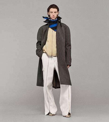 Model wearing Check Coat with Hooded Jacket, Zip Trousers, Burberry Check Pumps and Striped Scarf in Knight