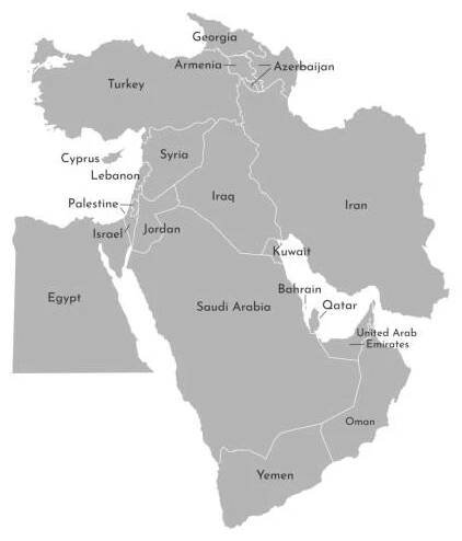 vektorová ilustrační mapa asijských zemí. střední východ. hranice států turecko, kypr, jordánsko, spojené arabské emiráty, saúdská arábie - jemen stock ilustrace