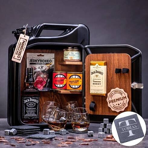 Manboxeo Kanystr bar Černý s Jack Daniel's + podtácky s gravírováním