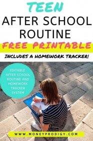 teen girl sitting on school steps with after school routine chart and pen, text overlay "teen after school routine free printable including homework tracker"