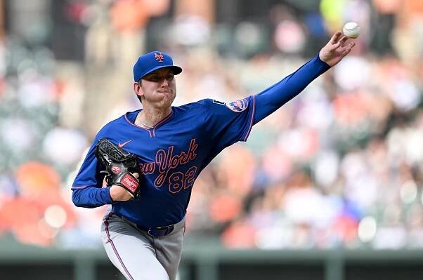 Brandon Waddell #82 of the New York Mets pitches in the second inning against the Baltimore Orioles during game two of a double header at Oriole Park at Camden Yards on July 10, 2025 in Baltimore, Maryland. 