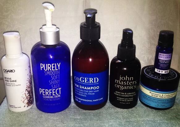 Ogario London, Revive and Shine Scampoo and Conditioner Purely Perfect - Cleansing Creme (requires a few washes) VM Shampoo (Blueberry -  fantastic result) John Masters Organics - Leave in conditioning mist (Savior, no need for conditioner) Neils Yard - Hair treatment Moroccan Natural - Argan Hair Treatment