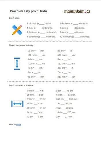 Pracovní listy 3. třída - matematika - převody jednotek délky a času | Maminkám.cz