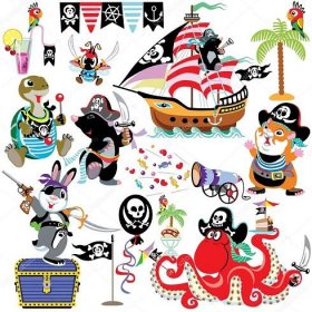 Stáhnout - Sada s cartoon zvířata piráti, izolované obrázky pro malé děti — Ilustrace