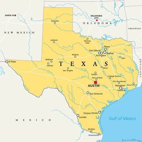 Texas, USA, Politická mapa — Ilustrace