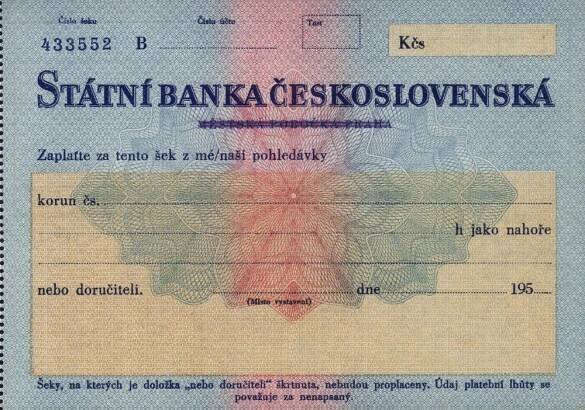 Soukromý šek SBČS Městská pobočka Praha, série B, cca 1950-1959