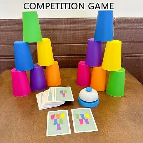 54 Cards, 12 Cups, 1 Bell Game Set, Puzzle Competition, Stacking Cups, Tabletop Game, Stacking Tower Game, Christmas Gift, Interactive Toy