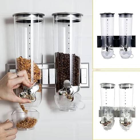 Dvojitý nástěnný dávkovač na suché potraviny Kuchyňský skladovací box stříbrný 1,5 l