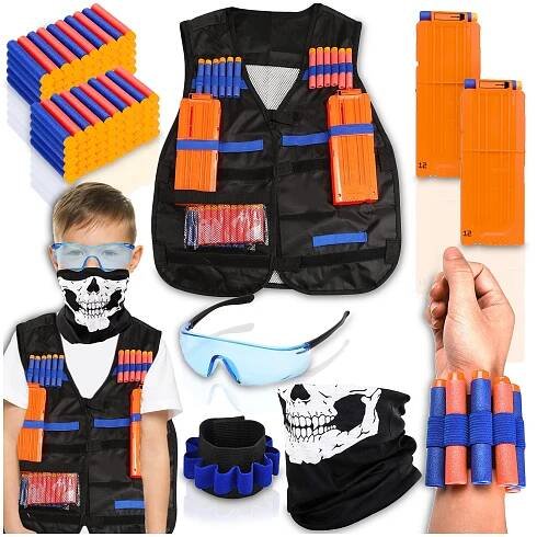 TAKTICKÁ VESTA PRO NERF ŠIPKY ZÁSOBNÍKY BRÝLE SADA 140 ŠIPEK