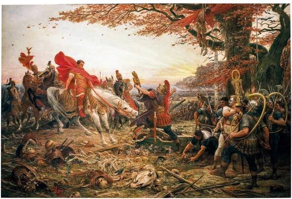 A painting of Germanicus and his soldiers confronting the enemy soldiers face-to-face to ask for the bodies of fallen men to give them a dignified burial.