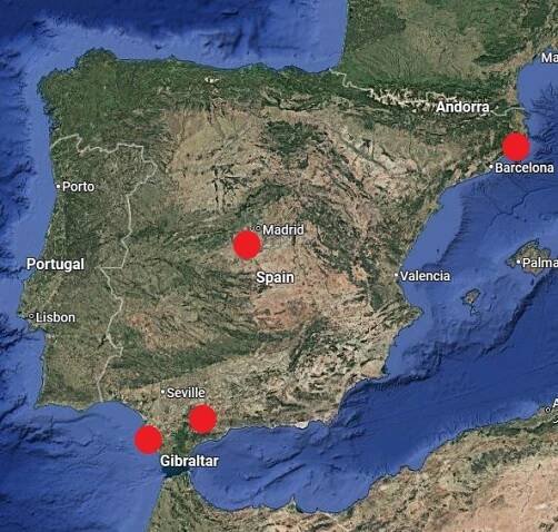 Map of Spain highlighting Madrid, Seville, Barcelona, and Gibraltar.