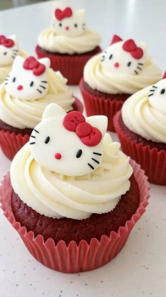 Festive Red Velvet Hello Kitty Cupcakes for Birthday Parties in 2025 | Hello kitty cupcakes, Cat cupcakes, Hello kitty birthday cake