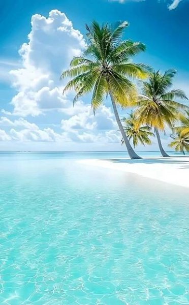 two palm trees sitting on top of a sandy beach next to the ocean with clear blue water