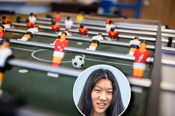 A collage of Jessica Lee and a picture of a table football.
