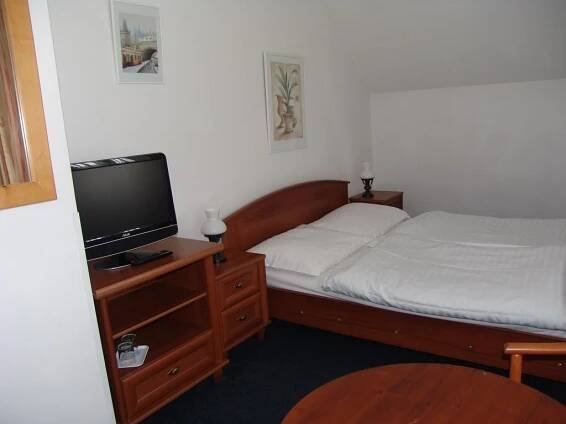 a small bedroom with a bed and a television at Penzion Kamínek in Janske Lazne